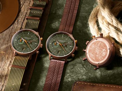 Sternglas Hamburg Chrono Quarz Edelstahl Bronze-PVD 42mm grünes Zifferblatt braunes Lederband – Herrenuhren Chronograph aus Edelstahl, Leder und PVD beschichtet. Das Gehäuse ist rund und bronze. Das Lederarmband ist braun. Das Zifferblatt ist arabisch Index und grün. – Ansicht 5
