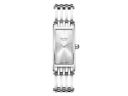 Bruno Söhnle Glashütte Nuvola III Quarz Edelstahl 38x17mm silbernes Zifferblatt Metallband – Damenuhren Uhr ohne Datum aus Edelstahl. Das Gehäuse ist rechteckig und silber. Das Edelstahlarmband ist silber. Das Zifferblatt ist ein Index in silber.