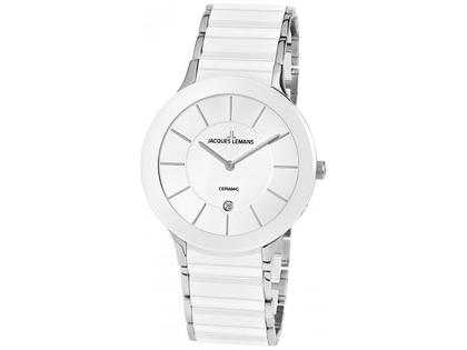 Jacques Lemans Quarz Dublin Datum Keramik weiß Edelstahl weiß Edelstahlband – Herrenuhren Uhr mit Datum aus Edelstahl und Keramik. Das Gehäuse ist rund und silber. Das Edelstahlarmband ist weiß. Das Zifferblatt ist ein Index in weiß.
