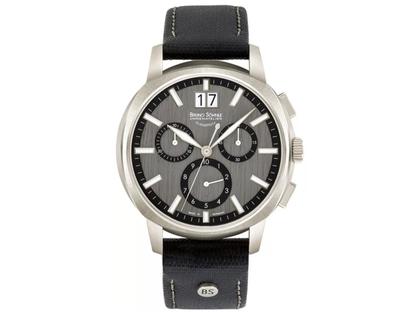 Bruno Söhnle Glashütte Facetta Chronograph Quarz Edelstahl 46mm anthrazitfarbenes Zifferblatt schwarzes Lederband – Herrenuhren Chronograph aus Edelstahl und Leder. Das Gehäuse ist rund und silber. Das Lederarmband ist schwarz. Das Zifferblatt ist arabisch Index und anthrazit.