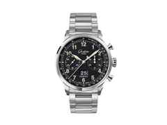 Glashütte Original Senator Chronograph Navigator Automatik Edelstahl 41mm schwarzes Zifferblatt Metallband – Herrenuhren Chronograph aus Edelstahl. Das Gehäuse ist rund und silber. Das Edelstahlarmband ist silber. Das Zifferblatt ist arabisch und schwarz.