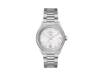 TAG Heuer Carrera Date Automatik Edelstahl 36mm weißes Perlmutt-Zifferblatt mit Brillanten Metallband – Damenuhren Uhr mit Datum aus Edelstahl. Das Gehäuse ist rund und silber. Das Edelstahlarmband ist silber. Das Zifferblatt ist ein Index in weiß.
