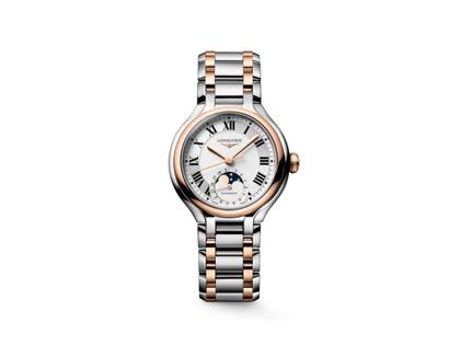 Longines PrimaLuna Mondphase Automatik Edelstahl 34mm weißes Zifferblatt zweifarbiges Metallband – Damenuhren Uhr mit Datum aus 750 Rotgold und Edelstahl. Das Gehäuse ist rund und silber. Das Edelstahlarmband mit Gold ist silber-roségold. Das Zifferblatt ist römisch und weiß.