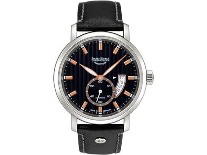 Bruno Söhnle Glashütte Pesaro II Automatik Edelstahl 44mm schwarzes Zifferblatt schwarzes Lederband – Herrenuhren Uhr mit Datum aus Edelstahl und Leder. Das Gehäuse ist rund und silber. Das Lederarmband ist schwarz. Das Zifferblatt ist arabisch Index und schwarz.