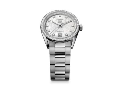 TAG Heuer Carrera Date Automatik Edelstahl 36mm weißes Perlmutt-Zifferblatt mit Brillanten Metallband – Damenuhren Uhr mit Datum aus Edelstahl. Das Gehäuse ist rund und silber. Das Edelstahlarmband ist silber. Das Zifferblatt ist ein Index in weiß. – Ansicht 3