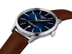 Tissot Chemin des Tourelles Powermatic 80 Automatik Edelstahl 42mm blaues Zifferblatt braunes Lederband – Herrenuhren Uhr mit Datum aus Edelstahl und Leder. Das Gehäuse ist rund und silber. Das Lederarmband ist braun. Das Zifferblatt ist ein Index in blau. – Ansicht 2