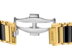 Rado Integral Quarz Edelstahl Gelbgold-PVD 28,5 x 31,5mm schwarzes Zifferblatt mit Brillanten Metallband – Damenuhren Uhr mit Datum aus Edelstahl, Keramik und PVD beschichtet. Das Gehäuse ist rechteckig und gelbgold. Das Edelstahlarmband ist schwarz. Das Zifferblatt ist ein Index in schwarz. – Ansicht 5