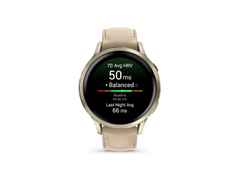 Garmin Venu 4 Quarz Edelstahl und Polymer Lunargold 41mm digitales Zifferblatt beiges Lederband – Herrenuhren Uhr Multifunktion aus Edelstahl, Faserverstärktes Polymer und PVD beschichtet. Das Gehäuse ist rund und gelbgold. Das Lederarmband ist beige. Das Zifferblatt ist digital und schwarz.