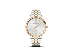 MeisterSinger Yaara Quarz Edelstahl 36mm silbernes Zifferblatt Metallband – Damenuhren Uhr ohne Datum aus Edelstahl und PVD beschichtet. Das Gehäuse ist rund und silber. Das Edelstahlarmband ist silber-gelbgold. Das Zifferblatt ist arabisch Index und silber.