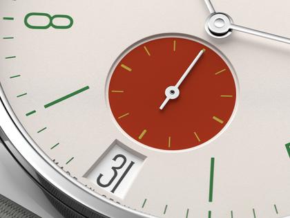 Nomos Glashütte Tangente 38 Datum "175 Years Watchmaking - Stop" Handaufzug Edelstahl cremeweißes Zifferblatt graues Textilband Glasboden – Herrenuhren Uhr mit Datum aus Edelstahl. Das Gehäuse ist rund und silber. Das Textilarmband ist grau. Das Zifferblatt ist arabisch Index und beige. – Ansicht 5