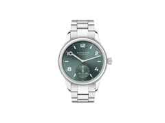 Nomos Glashütte Club Sport neomatik 37 Petrol Automatik Edelstahl grünes Zifferblatt Metallband Stahlboden – Herrenuhren Uhr ohne Datum aus Edelstahl. Das Gehäuse ist rund und silber. Das Edelstahlarmband ist silber. Das Zifferblatt ist arabisch Index und grün.