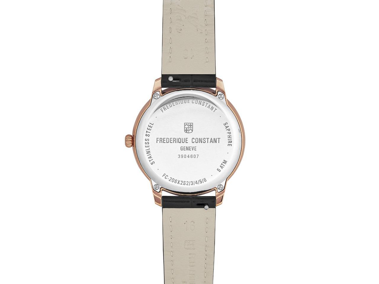 Frederique Constant Classics Moneta Moonphase Quarz Edelstahl Roségold-PVD 34mm rosa Perlmutt-Zifferblatt schwarzes Lederband – Damenuhren Uhr ohne Datum aus Edelstahl, Leder und PVD beschichtet. Das Gehäuse ist rund und roségold. Das Lederarmband Kroko / Alligator ist schwarz. Das Zifferblatt ist ein Index in roségold. – Ansicht 3