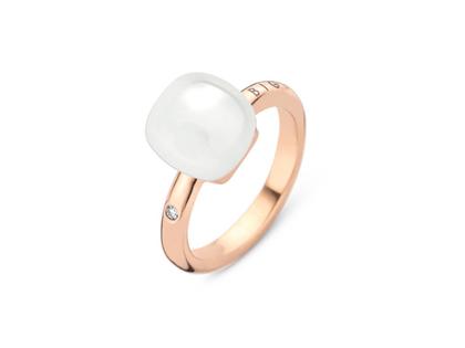 Bigli Mini Sweety "Milky Quartz Pure White" Ring Roségold Gr. M mit Brillant 0,020ct – Ringe Ring mit Besatz aus 750 Rotgold.