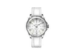 Breitling Superocean Automatic 36 Edelstahl weißes Zifferblatt weißes Kautschukband – Damenuhren Uhr ohne Datum aus Edelstahl und Keramik. Das Gehäuse ist rund und silber. Das Kautschuk / Kunststoff / Silikon Armband ist weiß. Das Zifferblatt ist ein Index in weiß.