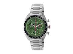 Gucci Interlocking Chronograph Quarz Edelstahl 41mm grünes Zifferblatt Metallband YA142318 – Herrenuhren Chronograph aus Edelstahl und Keramik. Das Gehäuse ist rund und silber. Das Edelstahlarmband ist silber. Das Zifferblatt ist ein Index in grün.