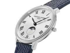 Frederique Constant Classics Moonphase Quarz Edelstahl 39mm weißes Zifferblatt blaues Lederband – Herrenuhren Uhr ohne Datum aus Edelstahl und Leder. Das Gehäuse ist rund und silber. Das Lederarmband ist blau. Das Zifferblatt ist römisch und weiß. – Ansicht 2