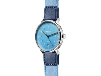 Sternglas Lumatik Automatik Edelstahl 38mm hellblaues Zifferblatt hellblaues Textilband – Herrenuhren Uhr mit Datum aus Edelstahl und Leder. Das Gehäuse ist rund und silber. Das Textilarmband ist blau. Das Zifferblatt ist arabisch Index und blau. – Ansicht 2