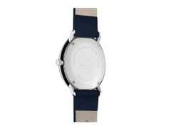 Junghans Max Bill Damen Quarz Edelstahl 32,7mm gelbes Zifferblatt blaues Lederband – Damenuhren Uhr mit Datum aus Edelstahl. Das Gehäuse ist rund und silber. Das Lederarmband ist blau. Das Zifferblatt ist ein Index in gelb. – Ansicht 2