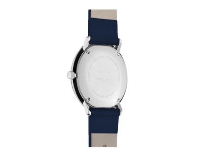 Junghans Max Bill Damen Quarz Edelstahl 32,7mm weißes Zifferblatt dunkelblaues Lederband – Damenuhren Uhr mit Datum aus Edelstahl. Das Gehäuse ist rund und silber. Das Lederarmband ist blau. Das Zifferblatt ist arabisch Index und weiß. – Ansicht 2