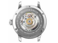 MeisterSinger Perigraph 38 Automatik Edelstahl blau Lederband gelb Limited Edition – Herrenuhren Uhr mit Datum aus Edelstahl und Leder. Das Gehäuse ist rund und silber. Das Lederarmband ist gelb. Das Zifferblatt ist arabisch und blau. – Ansicht 3