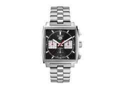 TAG Heuer Monaco Chronograph Automatik Edelstahl 39mm schwarzes Zifferblatt Metallband – Herrenuhren Chronograph aus Edelstahl. Das Gehäuse ist rechteckig und silber. Das Edelstahlarmband ist silber. Das Zifferblatt ist ein Index in schwarz.