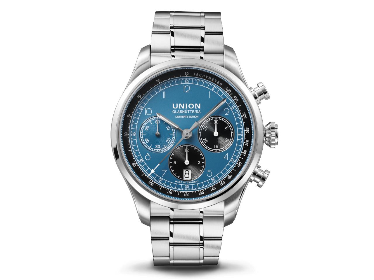 Union Glashütte Belisar Chronograph Speedster Limited Edition 2023 – Herrenuhren Chronograph aus Edelstahl. Das Gehäuse ist rund und silber. Das Edelstahlarmband ist silber. Das Zifferblatt ist arabisch Index und blau. – Ansicht 3