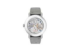 Nomos Glashütte Metro 33 Sage Handaufzug Edelstahl 33mm grünes Zifferblatt graues Lederband Glasboden – Damenuhren Uhr ohne Datum aus Edelstahl und Leder. Das Gehäuse ist rund und silber. Das Lederarmband ist grau. Das Zifferblatt ist ein Index in grün. – Ansicht 2