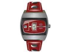 UMF Ruhla Scheibenuhr Automatik mit springender Stunde Edelstahl 41mm rotes Zifferblatt rotes Lederband limitiert – Herrenuhren Uhr ohne Datum aus Edelstahl und Leder. Das Gehäuse ist tonneauform und silber. Das Lederarmband ist rot. Das Zifferblatt ist digital und rot. – Ansicht 2