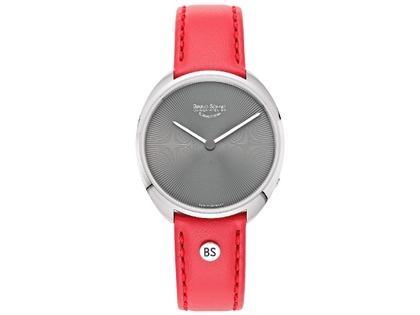 Bruno Söhnle Glashütte Salara Quarz Edelstahl anthrazit Lederband rot – Damenuhren Uhr ohne Datum aus Edelstahl. Das Gehäuse ist rund und silber. Das Lederarmband ist rot. Das Zifferblatt ist ohne Zeichen und grau.