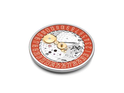 Nomos Glashütte Tangente 38 Datum "175 Years Watchmaking - Sportbunt" Handaufzug Edelstahl rotes Zifferblatt graues Textilband Glasboden – Herrenuhren Uhr mit Datum aus Edelstahl. Das Gehäuse ist rund und silber. Das Textilarmband ist grau. Das Zifferblatt ist arabisch Index und rot. – Ansicht 8