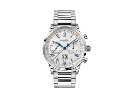Glashütte Original Senator Chronograph Automatik Edelstahl 41mm weißes Zifferblatt Metallband – Herrenuhren Chronograph aus Edelstahl. Das Gehäuse ist rund und silber. Das Edelstahlarmband ist silber. Das Zifferblatt ist römisch Index und silber.
