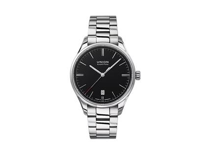 Union Glashütte Viro Datum Automatik Edelstahl 39mm schwarzes Zifferblatt Metallband – Herrenuhren Uhr mit Datum aus Edelstahl. Das Gehäuse ist rund und silber. Das Edelstahlarmband ist silber. Das Zifferblatt ist ein Index in schwarz.