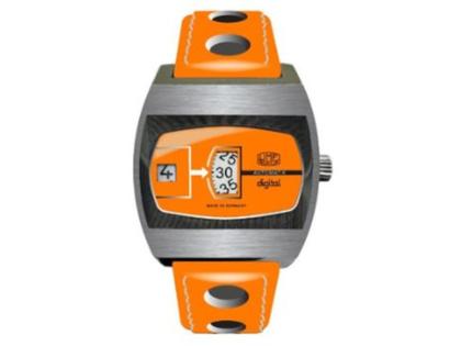 UMF Ruhla Scheibenuhr Automatik mit springender Stunde Edelstahl 41mm oranges Zifferblatt oranges Lederband limitiert – Herrenuhren Uhr ohne Datum aus Edelstahl, Keramik und Leder. Das Gehäuse ist tonneauform und silber. Das Lederarmband ist orange. Das Zifferblatt ist digital und orange. – Ansicht 2