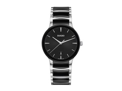 Herrenuhren Uhr mit Datum aus Edelstahl und Keramik. Das Gehäuse ist rund und silber. Das Keramikarmband ist schwarz. Das Zifferblatt ist ein Index in schwarz.