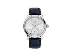 Frederique Constant Classic Date Manufacture Automatik Edelstahl 40mm weißes Zifferblatt schwarzes Lederband – Herrenuhren Uhr mit Datum aus Edelstahl und Leder. Das Gehäuse ist rund und silber. Das Lederarmband Kroko / Alligator ist schwarz. Das Zifferblatt ist ein Index in weiß.