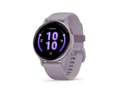 Garmin vívoactive 5 faserverstärktes Polymer orchidee/orchidee metallic 42mm orchideefarbenes Kautschukband – Damenuhren Uhr Multifunktion aus eloxiertes Aluminium, Kautschuk, Kunststoff und PVD beschichtet. Das Gehäuse ist rund und lila. Das Kautschuk / Kunststoff / Silikon Armband ist lila. Der Zifferblatt ist digital. – Ansicht 3