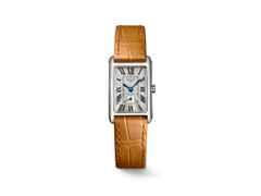 Longines DolceVita   Mini Quarz Edelstahl 21x32mm silbernes Zifferblatt römisch braunes Lederband – Damenuhren Uhr ohne Datum aus Edelstahl. Das Gehäuse ist rechteckig und silber. Das Lederarmband Kroko / Alligator ist braun. Das Zifferblatt ist römisch und silber.