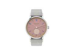 Nomos Glashütte Tangente 38 Datum "175 Years Watchmaking - Pompadour" Handaufzug Edelstahl rosa Zifferblatt graues Textilband Glasboden – Herrenuhren Uhr mit Datum aus Edelstahl. Das Gehäuse ist rund und silber. Das Textilarmband ist grau. Das Zifferblatt ist arabisch Index und rosa.