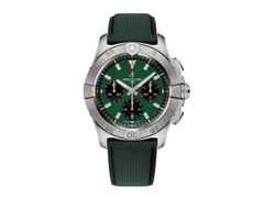 Breitling Avenger B01 Chronograph 42 Automatik Edelstahl 42mm grünes Zifferblatt grünes Lederband – Herrenuhren Chronograph aus Edelstahl und Leder. Das Gehäuse ist rund und silber. Das Lederarmband ist grün. Das Zifferblatt ist ein Index in grün.