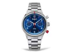 Hanhart Red X Blau Handaufzug Edelstahl 39mm blaues Zifferblatt blaues Lederband – Herrenuhren Chronograph aus Edelstahl, Keramik, Kunststoff und Leder. Das Gehäuse ist rund und silber. Das Lederarmband ist blau. Das Zifferblatt ist arabisch Index und blau. – Ansicht 2