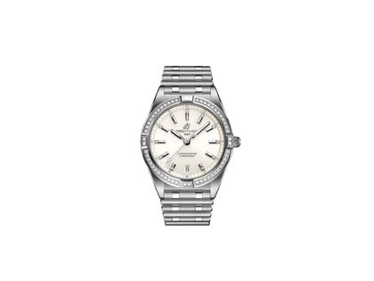 Breitling Chronomat 32 Quarz Edelstahl weißes Zifferblatt mit Brillanten Metallband – Damenuhren Uhr mit Datum aus Edelstahl. Das Gehäuse ist rund und silber. Das Edelstahlarmband ist silber. Das Zifferblatt ist ein Index in weiß.