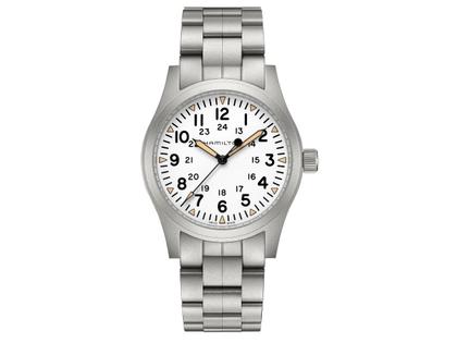 Hamilton Khaki Field Mechanical Handaufzug Edelstahl 42mm weißes Zifferblatt Metallband – Herrenuhren Uhr ohne Datum aus Edelstahl. Das Gehäuse ist rund und silber. Das Edelstahlarmband ist silber. Das Zifferblatt ist arabisch und weiß.