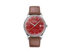 Union Glashütte Noramis Datum Automatik Edelstahl 40mm rotes Zifferblatt braunes Lederband – Herrenuhren Uhr mit Datum aus Edelstahl. Das Gehäuse ist rund und silber. Das Lederarmband ist braun. Das Zifferblatt ist ein Index in rot.