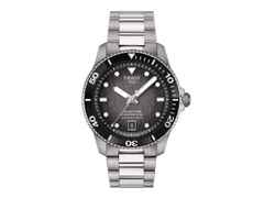 Tissot Seastar 1000 Powermatic 80 Automatik Edelstahl 40mm graues Zifferblatt Metallband – Herrenuhren Uhr mit Datum aus Edelstahl. Das Gehäuse ist rund und silber. Das Edelstahlarmband ist silber. Das Zifferblatt ist ein Index in grau.