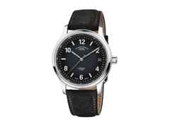 Mühle Glashütte Lunova Datum Automatik Edelstahl 42,3mm schwarz-graues Zifferblatt graues Lederband – Herrenuhren Uhr mit Datum aus Edelstahl. Das Gehäuse ist rund und silber. Das Lederarmband ist grau. Das Zifferblatt ist arabisch Index und schwarz.