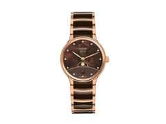 Rado Centrix Diamonds Quarz Edelstahl Roségold-PVD 35mm braunes Perlmutt-Zifferblatt mit Brillanten Metallband – Damenuhren Uhr mit Datum aus Edelstahl, Keramik und PVD beschichtet. Das Gehäuse ist rund und roségold. Das Edelstahlarmband ist roségold. Das Zifferblatt ist ein Index in braun.