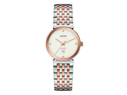 Damenuhren Uhr mit Datum aus Edelstahl und PVD beschichtet. Das Gehäuse ist rund und silber-roségold. Das Edelstahlarmband ist silber-roségold. Das Zifferblatt ist ein Index in beige.