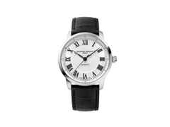 Frederique Constant Classics Automatik Edelstahl 39mm weißes Zifferblatt schwarzes Lederband limitiert – Herrenuhren Uhr ohne Datum aus Edelstahl und Leder. Das Gehäuse ist rund und silber. Das Lederarmband ist schwarz. Das Zifferblatt ist römisch und weiß.