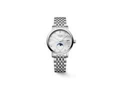 Longines Elegant Collection Quarz Edelstahl 30mm weißes Perlmutt-Zifferblatt Metallband – Damenuhren Uhr mit Datum aus Edelstahl. Das Gehäuse ist rund und silber. Das Edelstahlarmband ist silber. Das Zifferblatt ist ein Index in weiß.