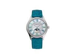 Frederique Constant Classics Elegance Luna Automatik Edelstahl 36mm weißes Zifferblatt blaues Lederband – Damenuhren Uhr ohne Datum aus Edelstahl und Leder. Das Gehäuse ist rund und silber. Das Lederarmband ist blau. Das Zifferblatt ist römisch und weiß.